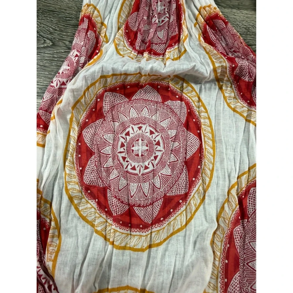 Womens Mandala‎ Print Infinity Scarf Red Orange with Lava Rock Beads Boho Wrap